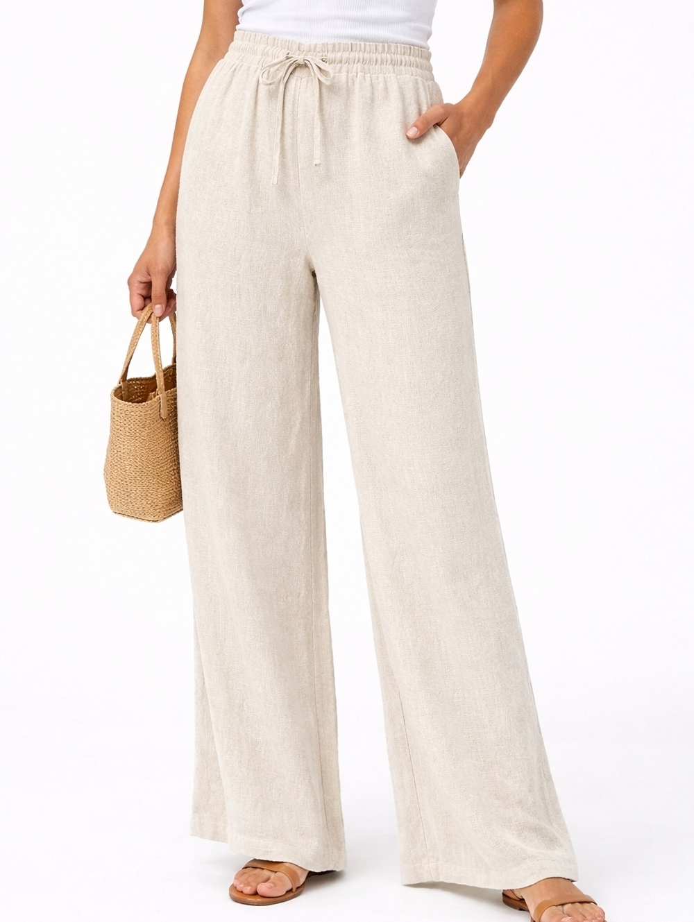 Boohoo Viscose Linen Blend Wide Leg Pants Beige Size 4 NWT Morocco